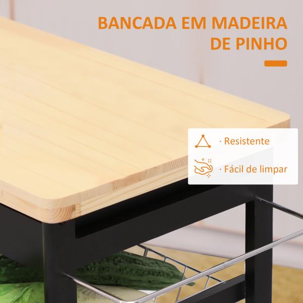 Carrinho de Cozinha com Rodinhas com Prateleira e Gaveta 74x37x76cm Preto