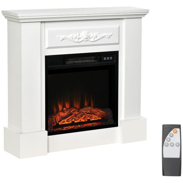 Lareira Elétrica 1800W com Efeito de Chama Realista Controlo Remoto Temporizador para Ambientes até 30 m² 80,7x22,5x76,5 cm Branco