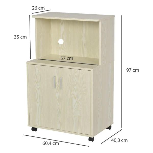 Armário Auxiliar para Microondas Armário de Cozinha Baixo com Armário de 2 Portas e Prateleira Ajustável com Rodas Carga 70 kg 60,4x40,3x97cm Carvalho