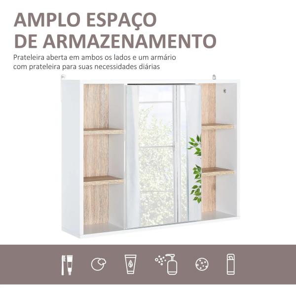 Armário de Espelho com Espaço Interno com Prateleiras Ajustáveis ​​Armário de Banheiro com Prateleiras Abertas 60x14,5x49,4 cm Branco e Carvalho
