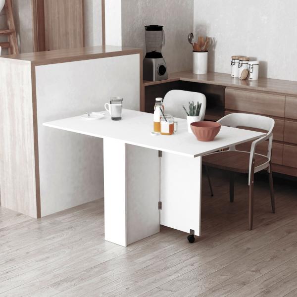 Mesa de Sala de Jantar Dobrável Mesa de Madeira com 2 Prateleiras de Armazenamento e Rodas para Cozinha 75x140x74 cm Branco