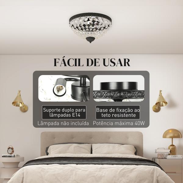 Candeeiro de Teto de Cristal Clássico com 2 Suportes E14 40W Candeeiro de Teto Vintage com 168 Contas de Cristal Ø35x22 cm Preto