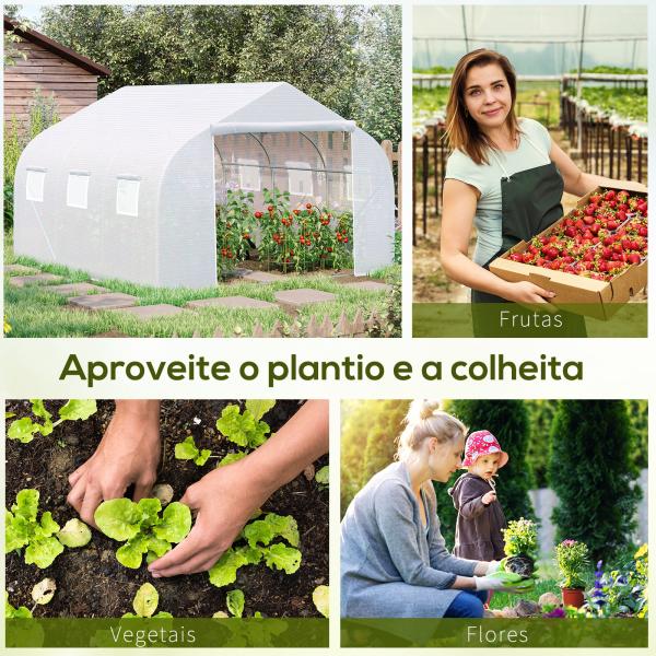 Estufa Tipo Túnel 350x300x200 cm com Porta Enrolável 6 Janelas Estufa para Cultivo de Plantas Verduras Branco