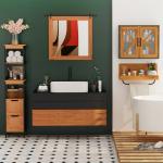 Coluna Casa de Banho com 3 Prateleiras e 2 Gavetas Armário Alto para Casa de banho Estilo Moderno 30x30x144,3 cm Madeira e Preto