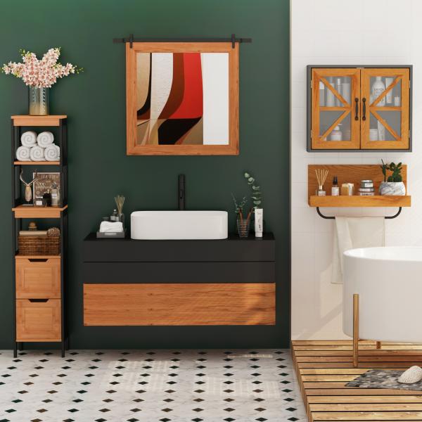 Coluna Casa de Banho com 3 Prateleiras e 2 Gavetas Armário Alto para Casa de banho Estilo Moderno 30x30x144,3 cm Madeira e Preto