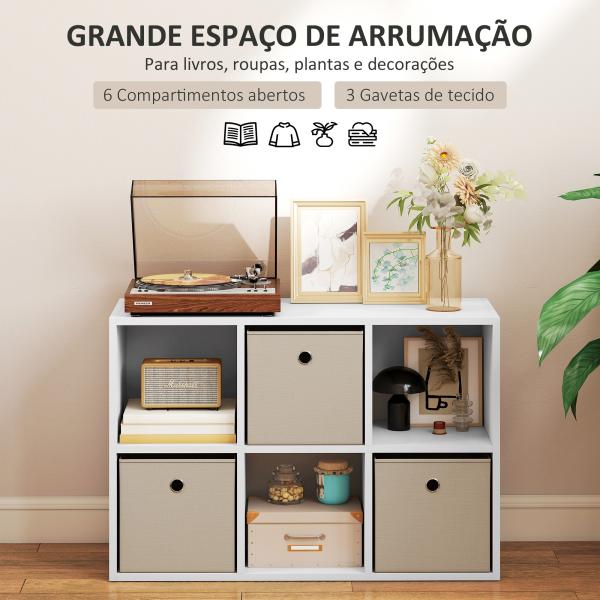 Estante Cubo Estante de Armazenamento Horizontal ou Vertical com 6 Compartimentos e 3 Gavetas de Tecido 53,7x30x79,8 cm Branco e Bege