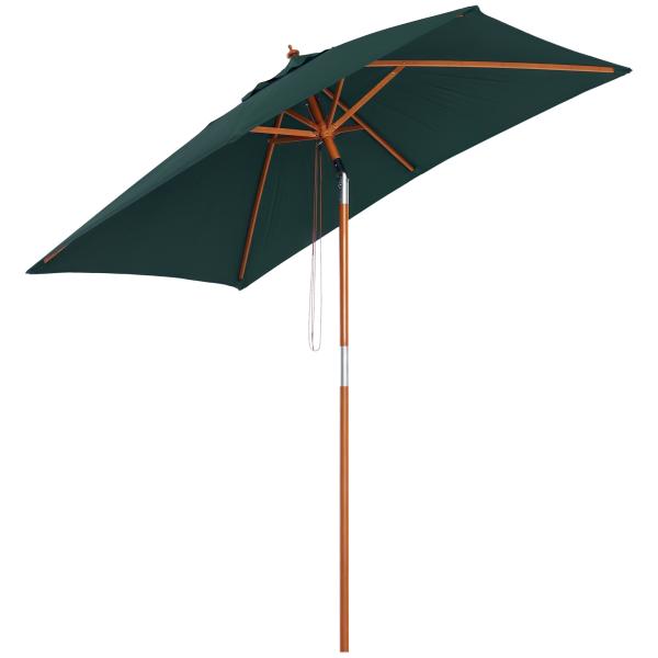 Chapéu de Sol de Jardim 200x150x230cm Chapéu de Sol Retangular Inclinável com Polia Duplo Teto e Mastro Desmontável de Madeira para Terraço Pátio Verde