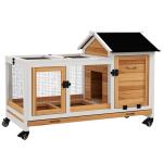 Coelheira de Madeira com Rodas para 1 - 2 Coelhos com Teto Abatível Bandeja Amovível 108x58x73,5 cm Madeira e Branco