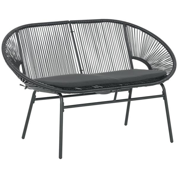 Sofá Acapulco de 2 Lugares com Apoios de Braço Almofada e Estrutura de Aço para Jardim Terraço Pátio 132x72x83 cm Preto
