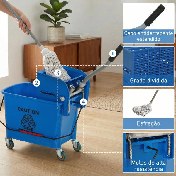 Balde de Limpeza com Escorredor, Painel Separador e Rodas Capacidade de 20L para Limpeza Doméstica 45x26,5x70 cm Azul