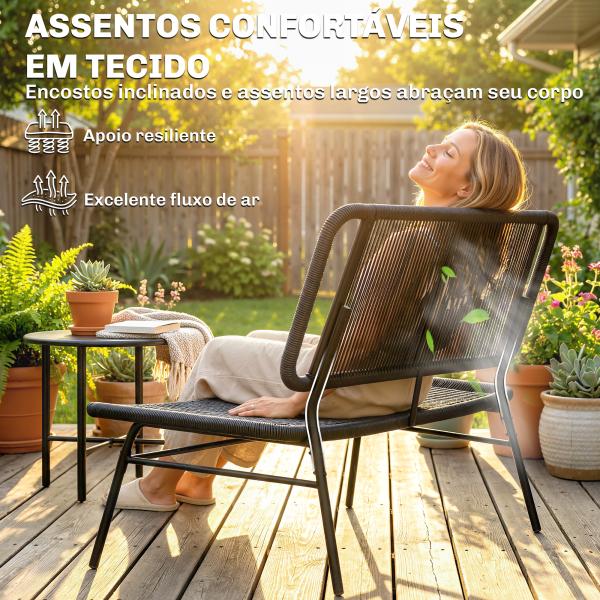 Conjunto Jardim de Vime com 4 Peças Inclui Sofá de 2 Lugares 2 Poltronas e Mesa de Centro com Tampo Metálico Preto