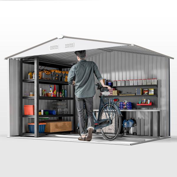 Abrigo de Jardim Exterior para Armazenamento de Ferramentas com 4 Janelas 277x195x192 cm Branco e Cinza Escuro