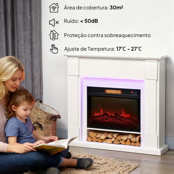 Lareira Elétrica com Efeito de Chama 3D e Tira de Luz LED RGB 1800W Temporizador para 30 m² 105x27x97 cm Branca