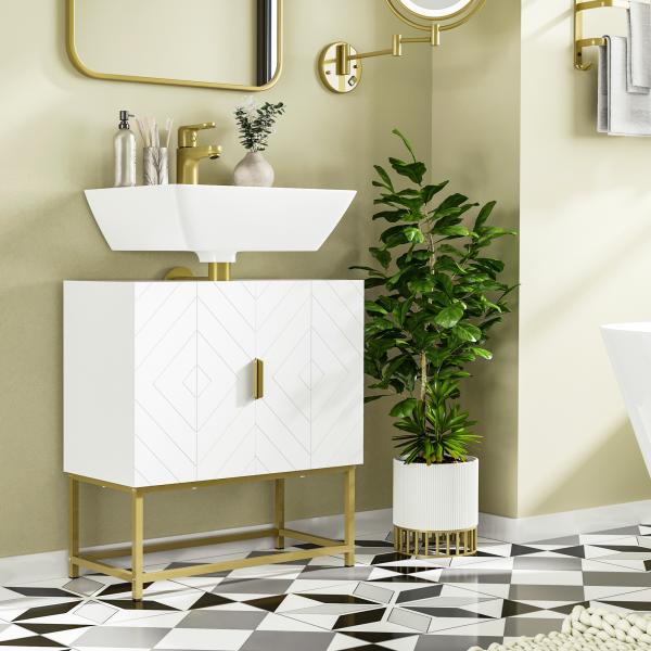 Móvel para Lavatório Pousar Moderno com 2 Portas e Pés de Aço 60x30x65 cm Branco e Dourado