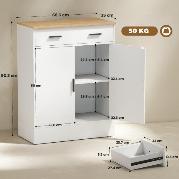 Aparador de Sala de Estar com 2 Gavetas e Prateleiras Ajustáveis 68,6x35x90,3 cm Branco e Madeira