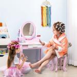 Toucador Infantil com Banco Espelho e Gaveta Mesa de Maquilhagem para Crianças entre 3 - 6 Anos 65,5x46x93cm Rosa