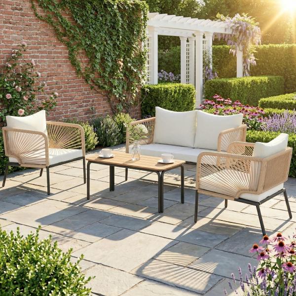 Conjunto Jardim de 4 Peças Móveis de Exterior com Sofá de 2 Lugares 2 Poltronas e Mesa de WPC Branco e Castanho