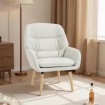 Poltrona de Sala de Estar Moderna Acolchoada de Dupla Camada Estofada em Couro Sintético Pés de Madeira 68x74x89 cm Creme