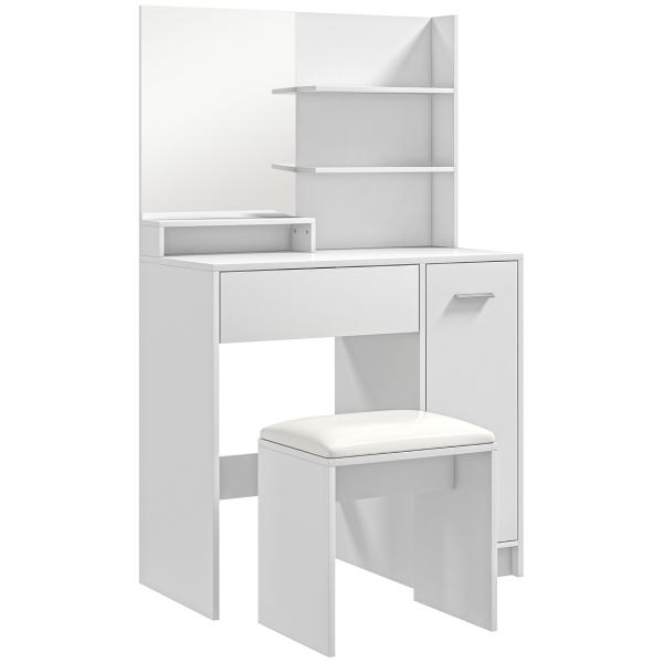 Toucador de Maquilhagem com Banco Mesa de Maquilhagem com Espelho Prateleiras e Gaveta 80x40x132 cm Branco e Bege
