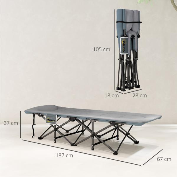 Cama Dobrável de Campismo Praia com Apoio de Cabeça e Bolso Lateral Suporta até 150 kg 187x67x37 cm Cinzento