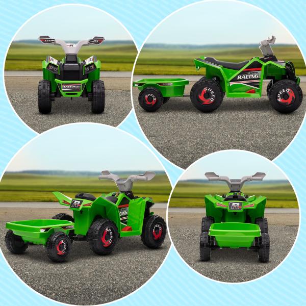 Quadriciclo Elétrico para Crianças com Reboque Bateria 6V de 18 - 36 Meses com Velocidade 2,5 km/h 106x41,5x48,5 cm Verde