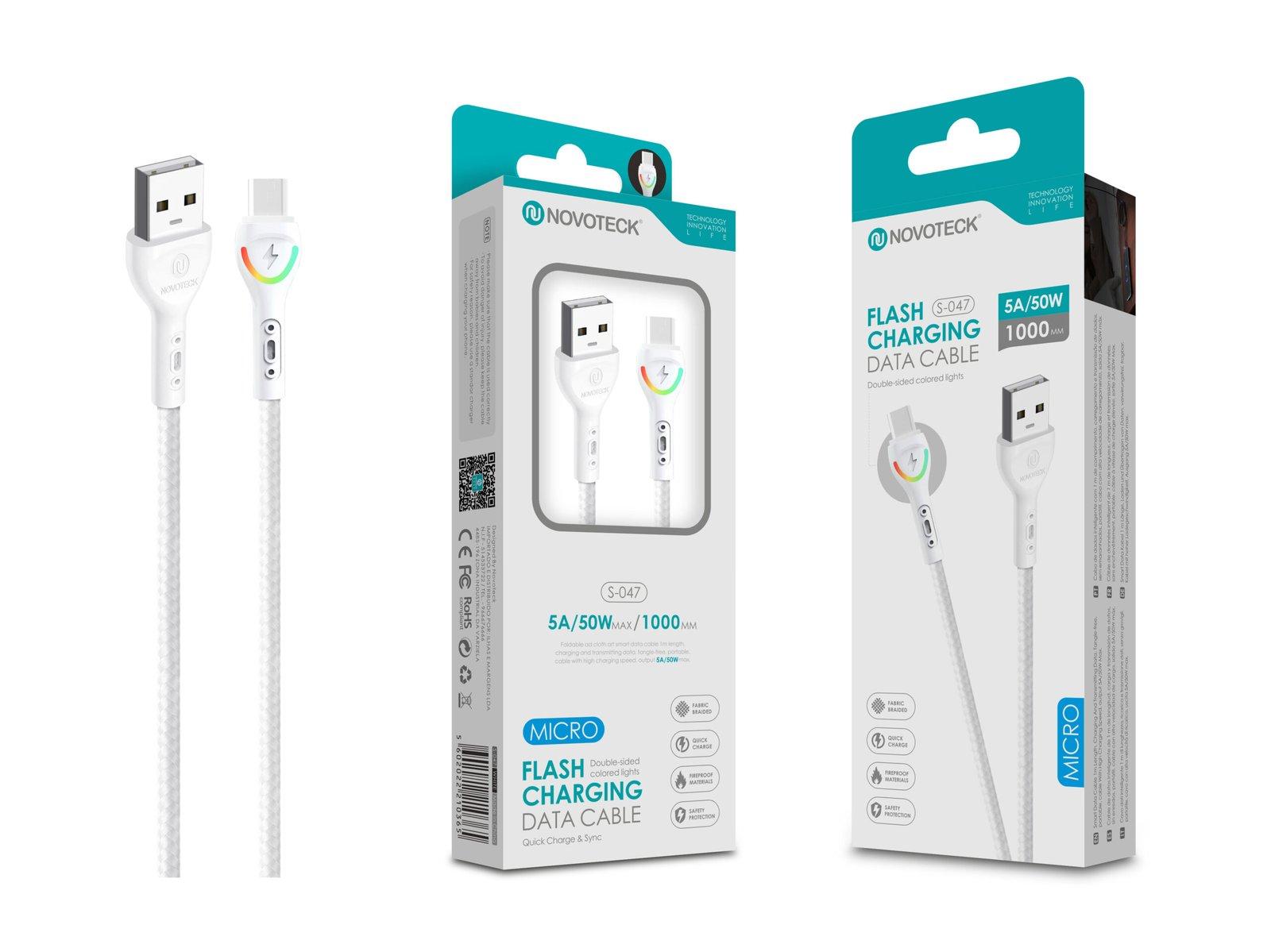 Cabo Micro USB Branco 5A 50W 1M S-047 com Luz Indicador