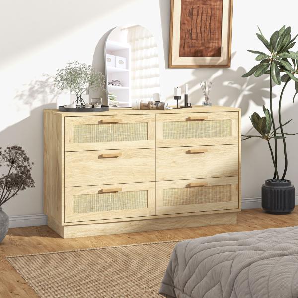 Cómoda para Quarto Cómoda de Madeira com 6 Gavetas de Vime Estilo Boêmio para Corredor Escritório 110x40x69 cm Carvalho