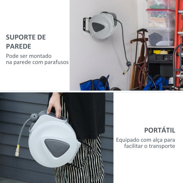 Carretel de Mangueira de Ar Comprimido Automático 20 m Conector de 1/4'' BSP Suporte de Parede Giratório 180° Cinzento
