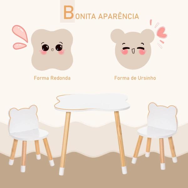 Conjunto Infantil de Mesa e 2 Cadeiras de Madeira Móveis Infantil para Sala de Jogos Dormitório de Crianças Mesa 56x56x50cm e Cadeira 28x25x46cm Branco