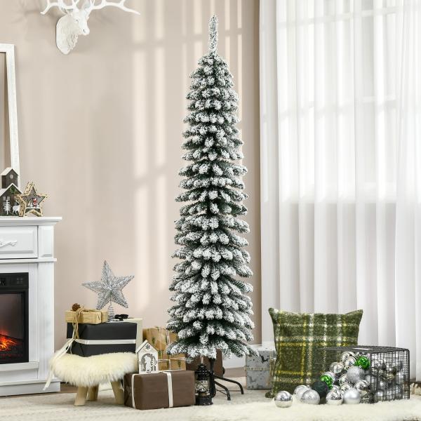 Árvore de Natal Estreita Nevada 180 cm com 395 Ramos e Suporte Metálico Dobrável para Sala de Estar, Interior, Verde
