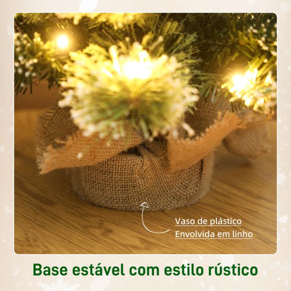 Mini Árvore de Natal Artificial com 35 Luzes LED 60 cm 64 Ramos com Neve Pinha Bagas e Base de Saco de Juta Ø41x60 cm Verde