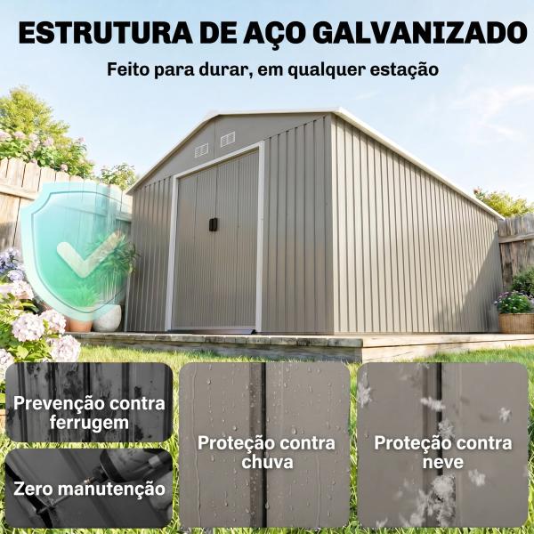 Abrigo de Jardim 340x386x200 cm 13,1 m² Abrigo de Exterior de Aço com Portas de Correr e Ventilações Cinza Claro