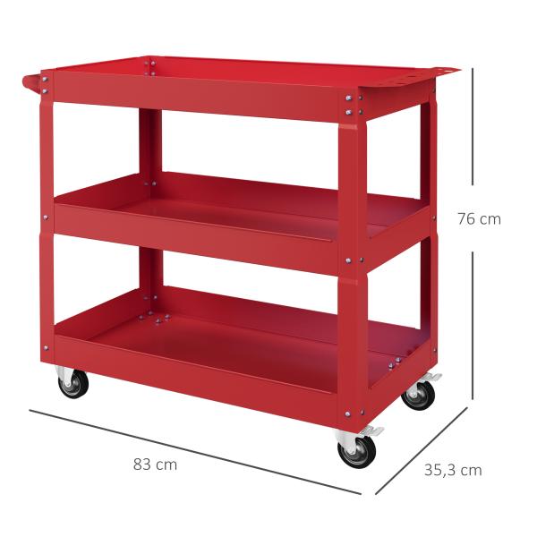 Carrinho de Ferramentas com Rodas 3 Prateleiras de Armazenamento e Alça Lateral 83x35,3x76 cm Vermelho
