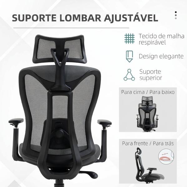 Cadeira de Escritório em Malha com Apoio de Cabeça Ajustável, Apoio Lombar e Apoios de Braços 3D, 70x66x128 cm, Cinzento