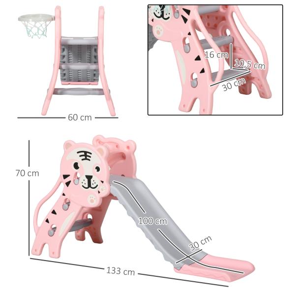 Escorrega para Crianças 2 em 1 com 2 Degraus Cesta de Basquetebol e Desenho de Tigre para Interior 133x60x70 cm Rosa