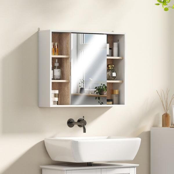 Armário de Espelho com Espaço Interno com Prateleiras Ajustáveis ​​Armário de Banheiro com Prateleiras Abertas 60x14,5x49,4 cm Branco e Carvalho