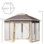 Tenda Dobrável 4,05x3,4x2,85 m Tenda de Jardim Hexagonal com 6 Mosquiteiras Amovíveis e Altura Ajustável Bege