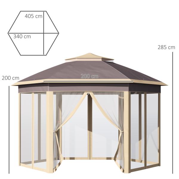Tenda Dobrável 4,05x3,4x2,85 m Tenda de Jardim Hexagonal com 6 Mosquiteiras Amovíveis e Altura Ajustável Bege