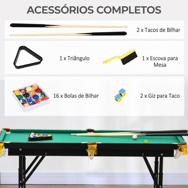 Mesa de Bilhar Dobrável 140 cm com Altura Ajustável, 16 Bolas, 2 Tacos, 2 Giz, Triângulo e Escova, Verde