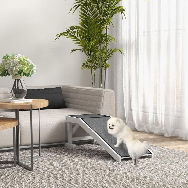 Rampa de Madeira para Animais com Tapete Antiderrapante para Cães Pequenos ou Séniores 125x40x35,5 cm Branco e Cinzento