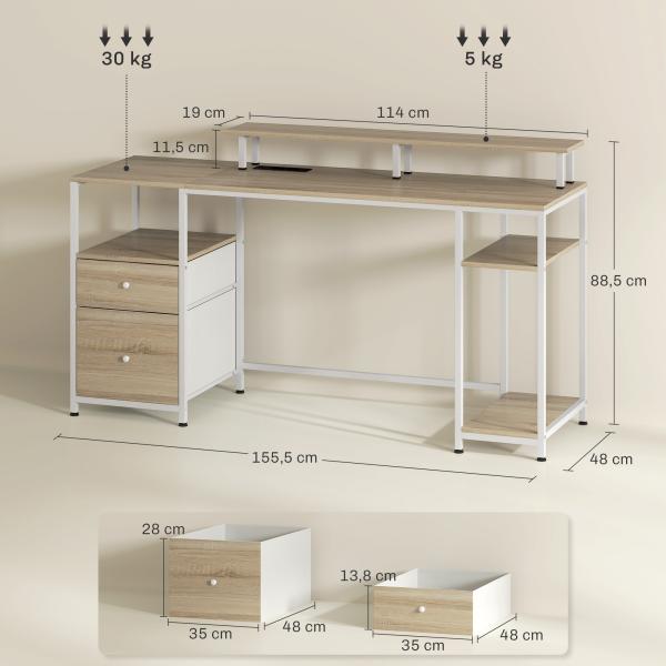 Mesa para Computador com Luzes LED Prateleiras Gavetas Plug Entrada USB e Suporte para Monitor 155,5x48x75,5 cm Madeira