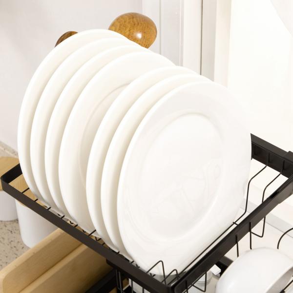 Escorredor de Louça de Aço de 2 Níveis com Prateleira para Pratos Suporte para Facas e Talheres 100x30x52,5cm Preto
