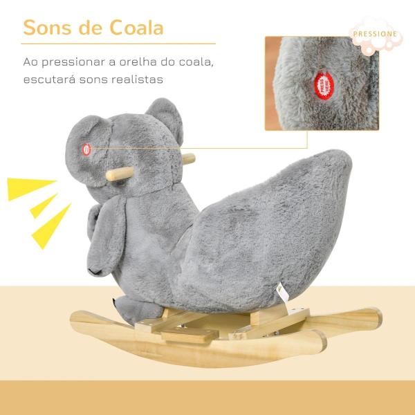 Baloiço Infantil com Forma de Coala com Fantoche para Bebés 18 - 36 Meses com Som Cinto de Segurança e Apoio para os Pés 60x33x50cm Cinza