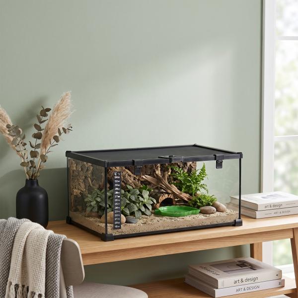 Terrário para Répteis em Vidro com Termómetro e Taça de Água para Lagartos, Cobras e Aranhas 50x30x25 cm Preto