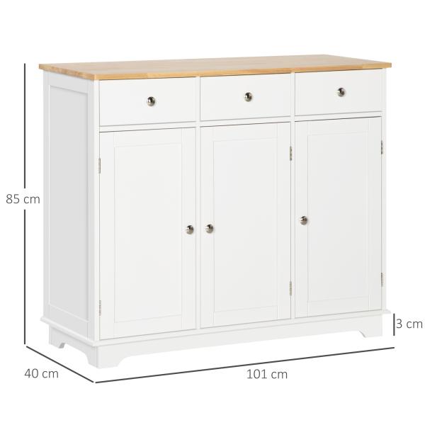 Aparador de Cozinha com 3 Gavetas 3 Portas e Prateleiras Ajustáveis Móvel Auxiliar de Armazenamento 101x40x85 cm Branco