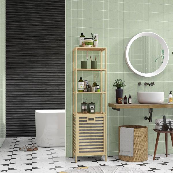 Estante de Casa de Banho em Bambu com 3 Prateleiras e 1 Cesto para Roupa Suja Removível 44x33x160 cm Natural