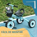 Triciclo para Crianças de 2 a 5 anos com Assento Ajustável Cesta Buzina e Pedais e 3 Rodas 70,5x53x58 cm Azul
