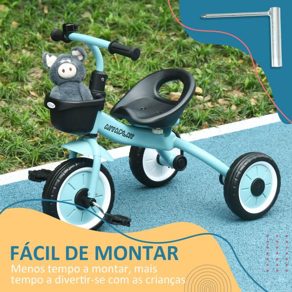 Triciclo para Crianças de 2 a 5 anos com Assento Ajustável Cesta Buzina e Pedais e 3 Rodas 70,5x53x58 cm Azul
