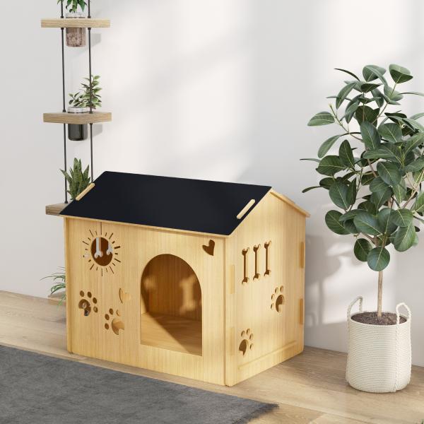 Casa de Madeira para Cães Casa para Animais de Estimação com Porta Dianteira Desenhos 69x50x58,5cm Madeira e Preto