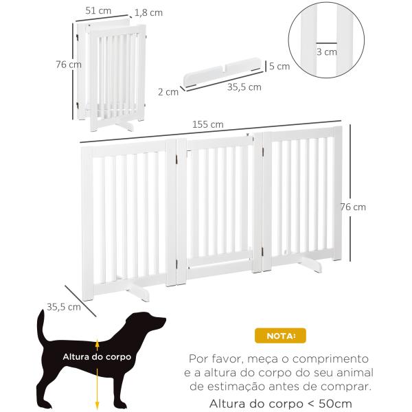 Barreira para Cães de Madeira Barreira para Animais de Estimação Dobrável de 3 Painéis com 1 Porta e Pés de Apoio 155x35,5x76 cm Branco